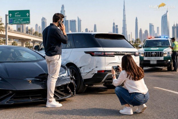 Luxury rental car pulled safely to the roadside in Dubai after a minor accident